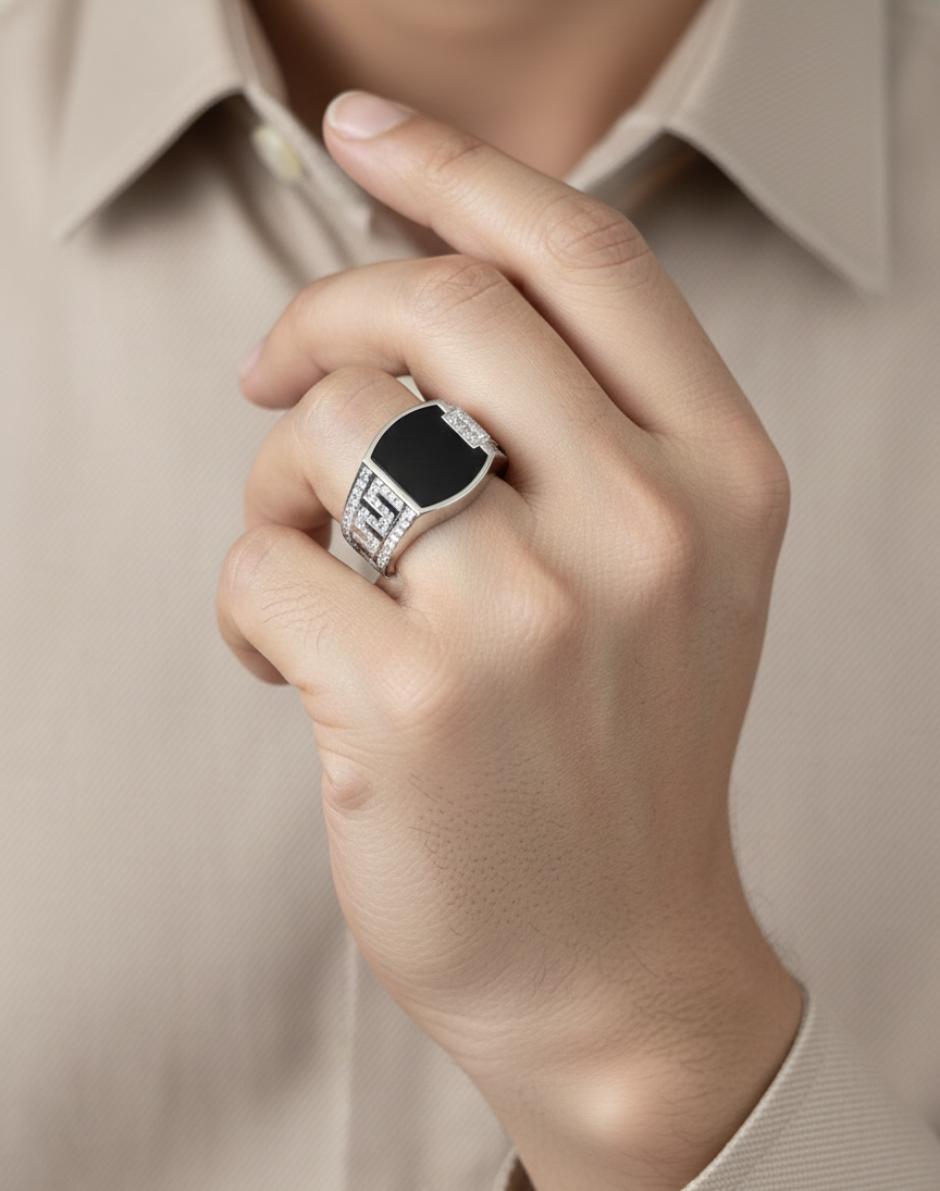 18K white gold black onyx signet ring with diamond-set shoulders by Emirates Diamonds