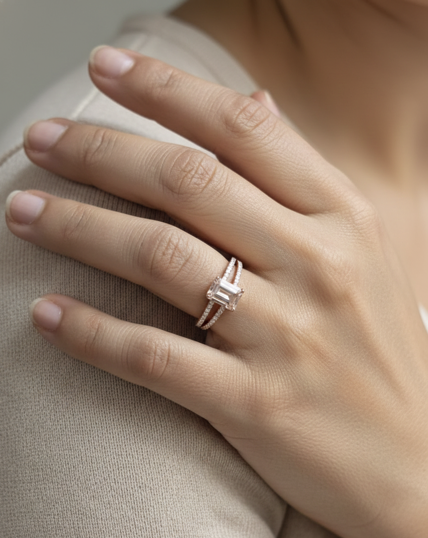 18K rose gold emerald-cut morganite and diamond split-shank ring by Emirates Diamonds