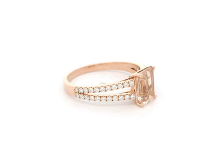 18K rose gold emerald-cut morganite and diamond split-shank ring by Emirates Diamonds