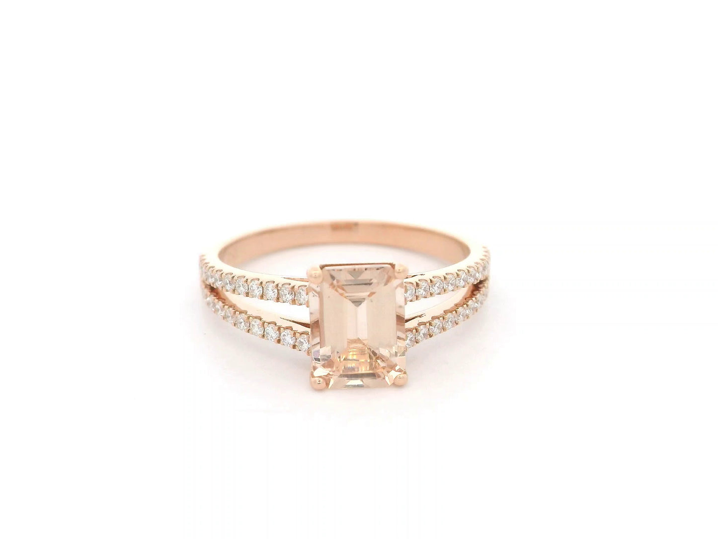 18K rose gold emerald-cut morganite and diamond split-shank ring by Emirates Diamonds