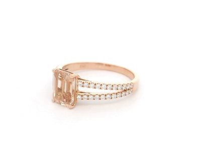 18K rose gold emerald-cut morganite and diamond split-shank ring by Emirates Diamonds