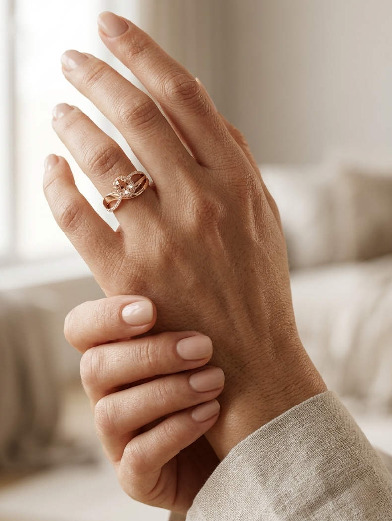 Morganite diamond halo wrap ring in 18K rose gold with oval morganite and diamond accents
