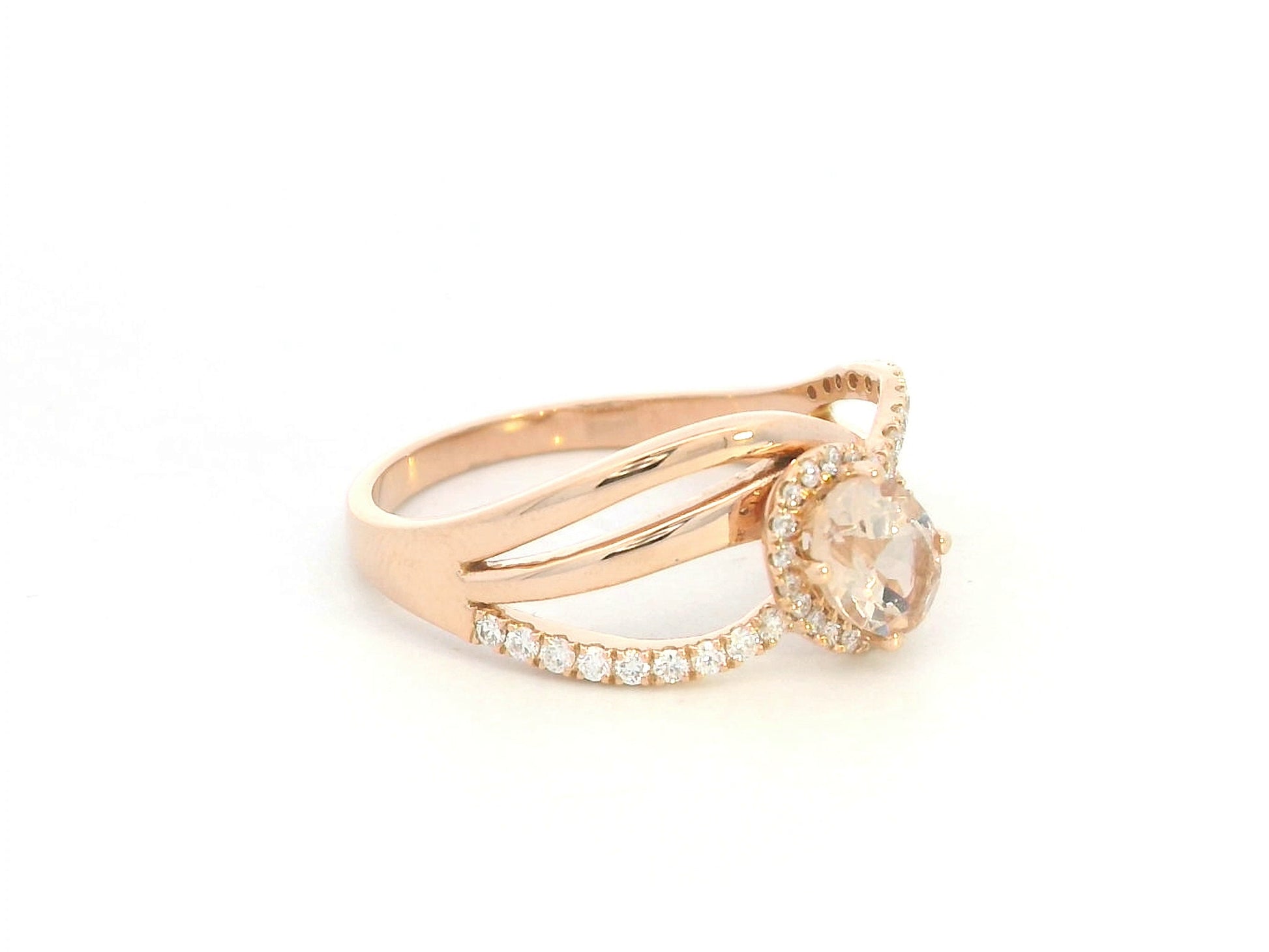 Morganite diamond halo wrap ring in 18K rose gold with oval morganite and diamond accents
