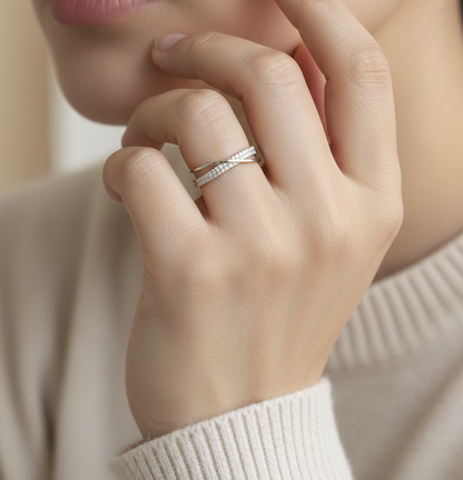 18K white gold diamond crossover ring featuring 0.20 carats of diamonds by Emirates Diamonds