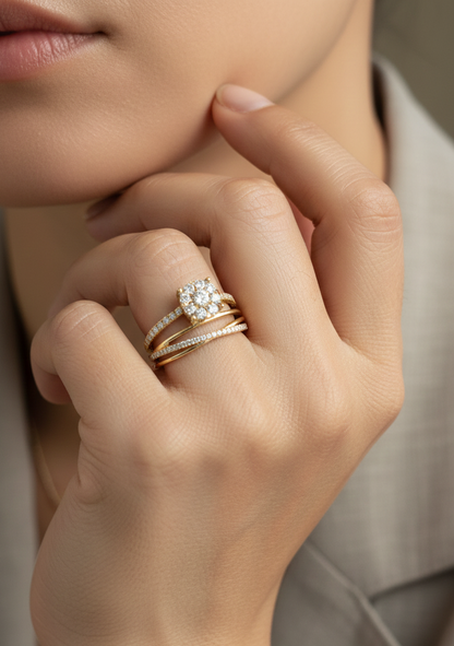 0.63 carat diamond cluster bridal ring in 18K yellow gold with pavé split shank by Emirates Diamonds