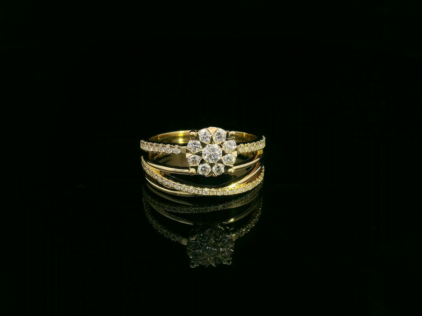 0.63 carat diamond cluster bridal ring in 18K yellow gold with pavé split shank by Emirates Diamonds