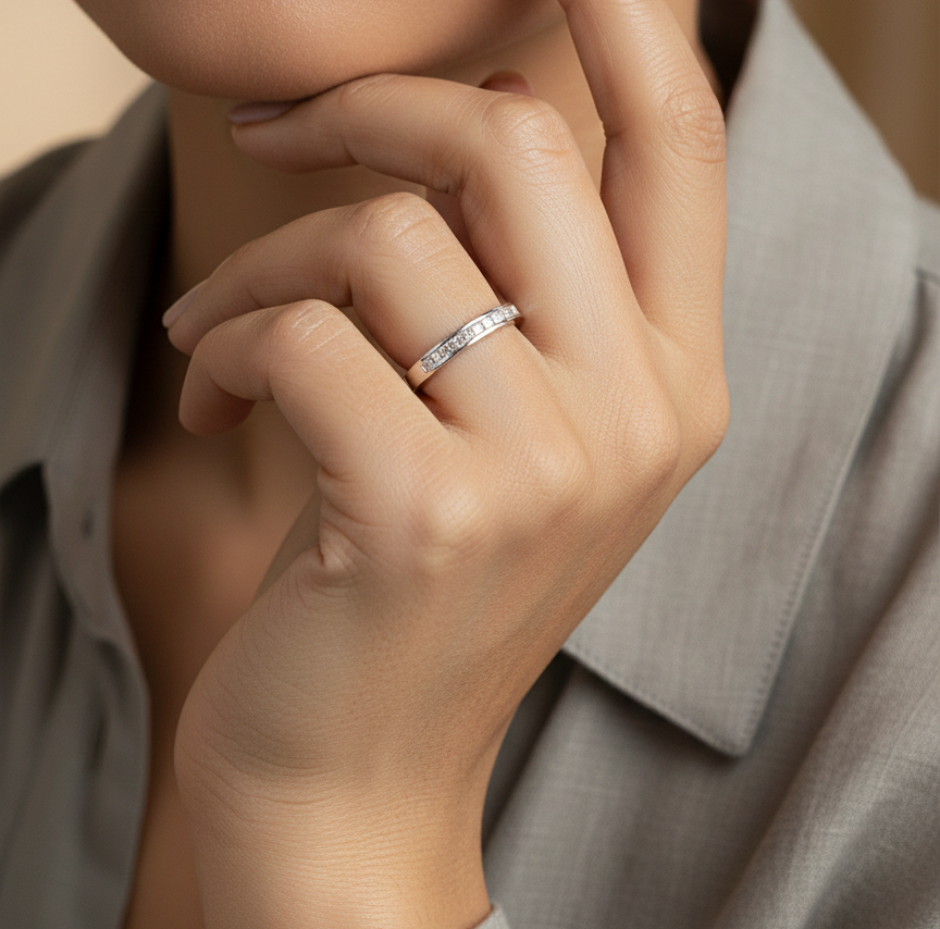 18K white gold princess cut diamond half eternity band 0.50 carat channel set by Emirates Diamonds