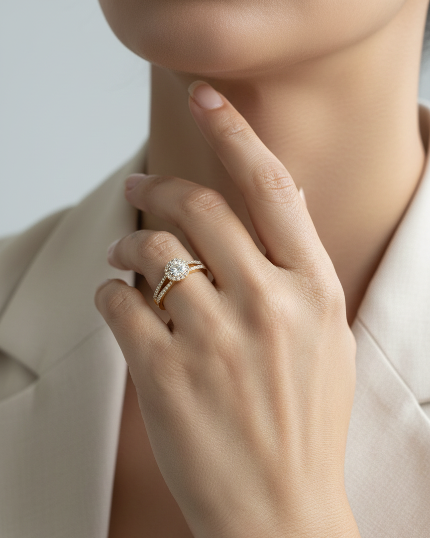 0.75 carat round diamond halo ring in 18K yellow gold with split diamond band by Emirates Diamonds