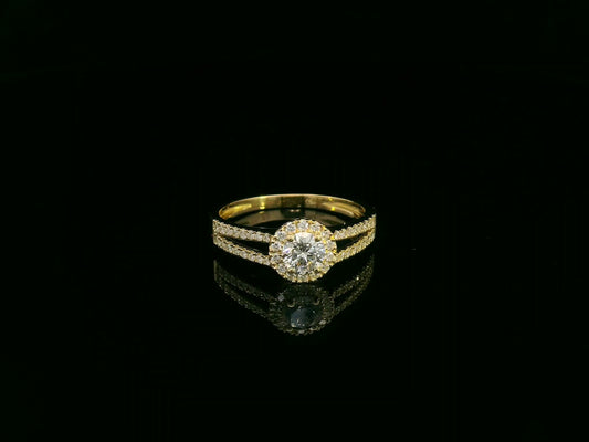 0.75 carat round diamond halo ring in 18K yellow gold with split diamond band by Emirates Diamonds