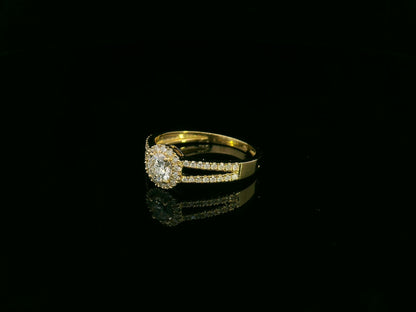 0.75 carat round diamond halo ring in 18K yellow gold with split diamond band by Emirates Diamonds