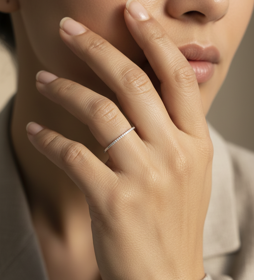 18K white gold slim diamond band with delicate pavé-set diamonds by Emirates Diamonds