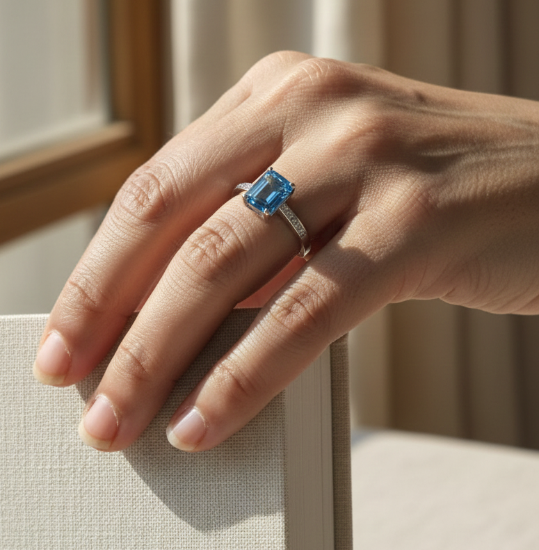 Swiss blue topaz emerald cut ring with diamond band in 18K white gold by Emirates Diamonds