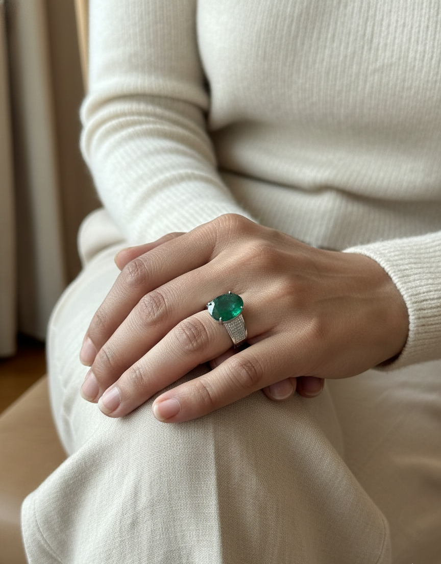 Oval emerald statement ring in 18K white gold with diamond-set shoulders by Emirates Diamonds.