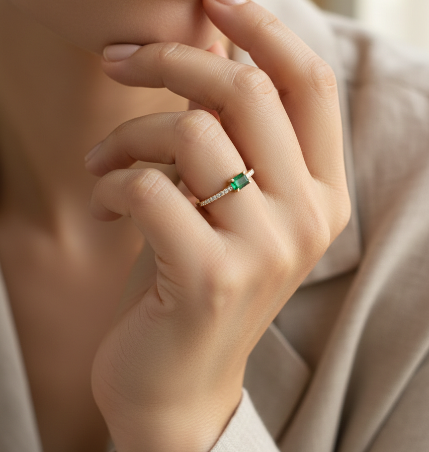 0.35 carat square emerald and diamond ring in 18K yellow gold by Emirates Diamonds