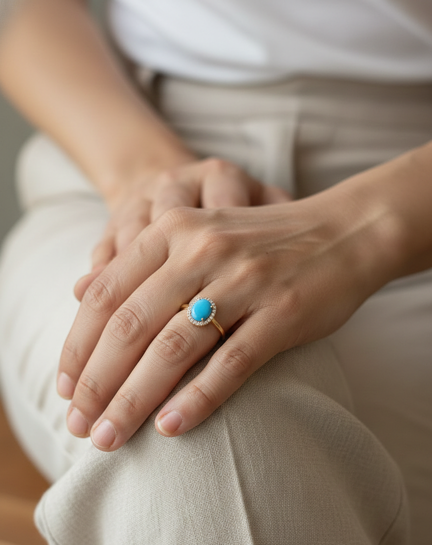 18K yellow gold turquoise ring with diamond halo, oval turquoise gemstone ring by Emirates Diamonds