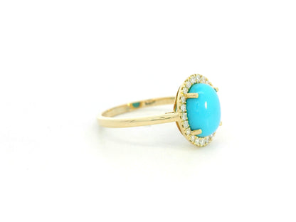 18K yellow gold turquoise ring with diamond halo, oval turquoise gemstone ring by Emirates Diamonds