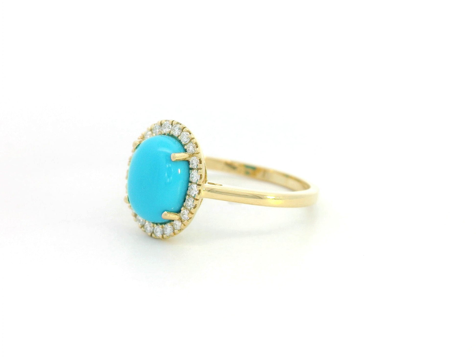 18K yellow gold turquoise ring with diamond halo, oval turquoise gemstone ring by Emirates Diamonds