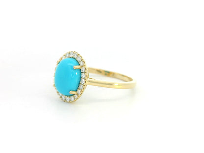 18K yellow gold turquoise ring with diamond halo, oval turquoise gemstone ring by Emirates Diamonds