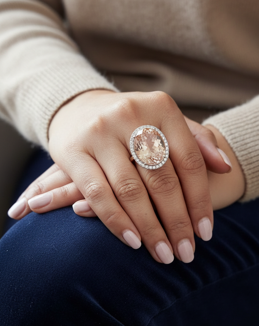 20.67 carat oval morganite diamond halo ring in 18K rose gold by Emirates Diamonds