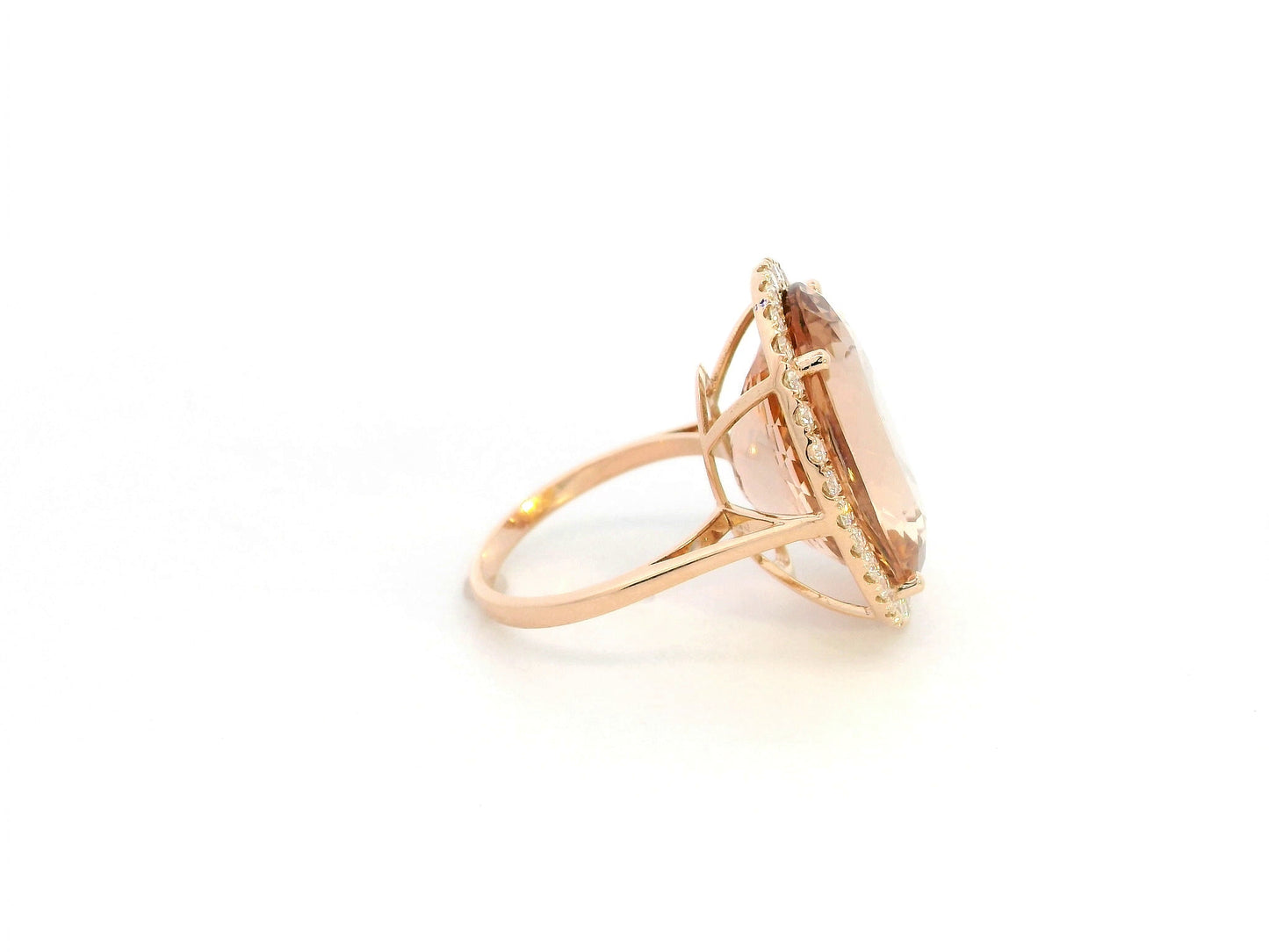 20.67 carat oval morganite diamond halo ring in 18K rose gold by Emirates Diamonds