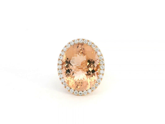 20.67 carat oval morganite diamond halo ring in 18K rose gold by Emirates Diamonds