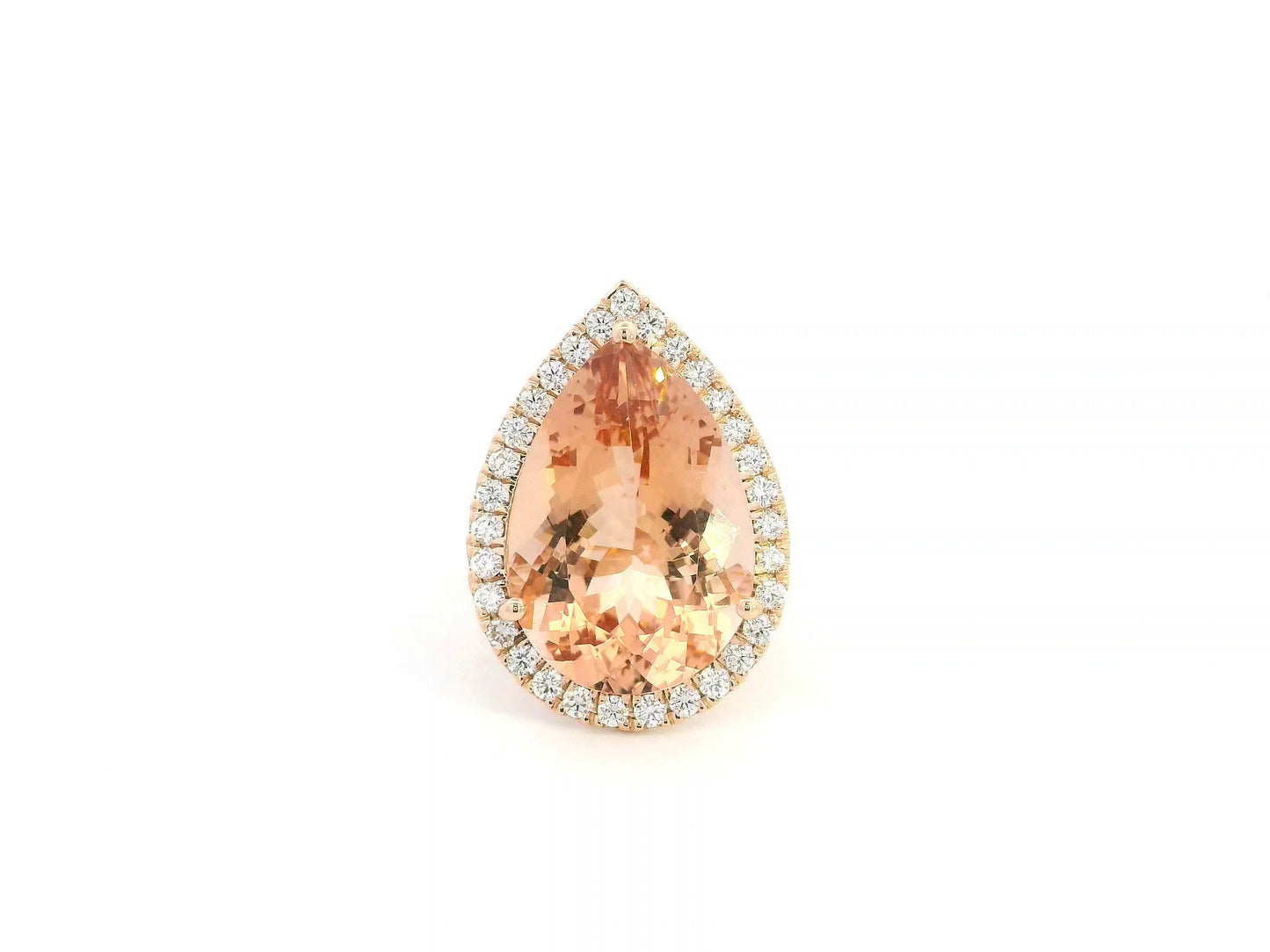 27.07 carat pear morganite and diamond halo statement ring in 18K rose gold by Emirates Diamonds Dubai