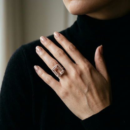 20.15 carat emerald cut Morganite and diamond halo ring in 18K rose gold by Emirates Diamonds