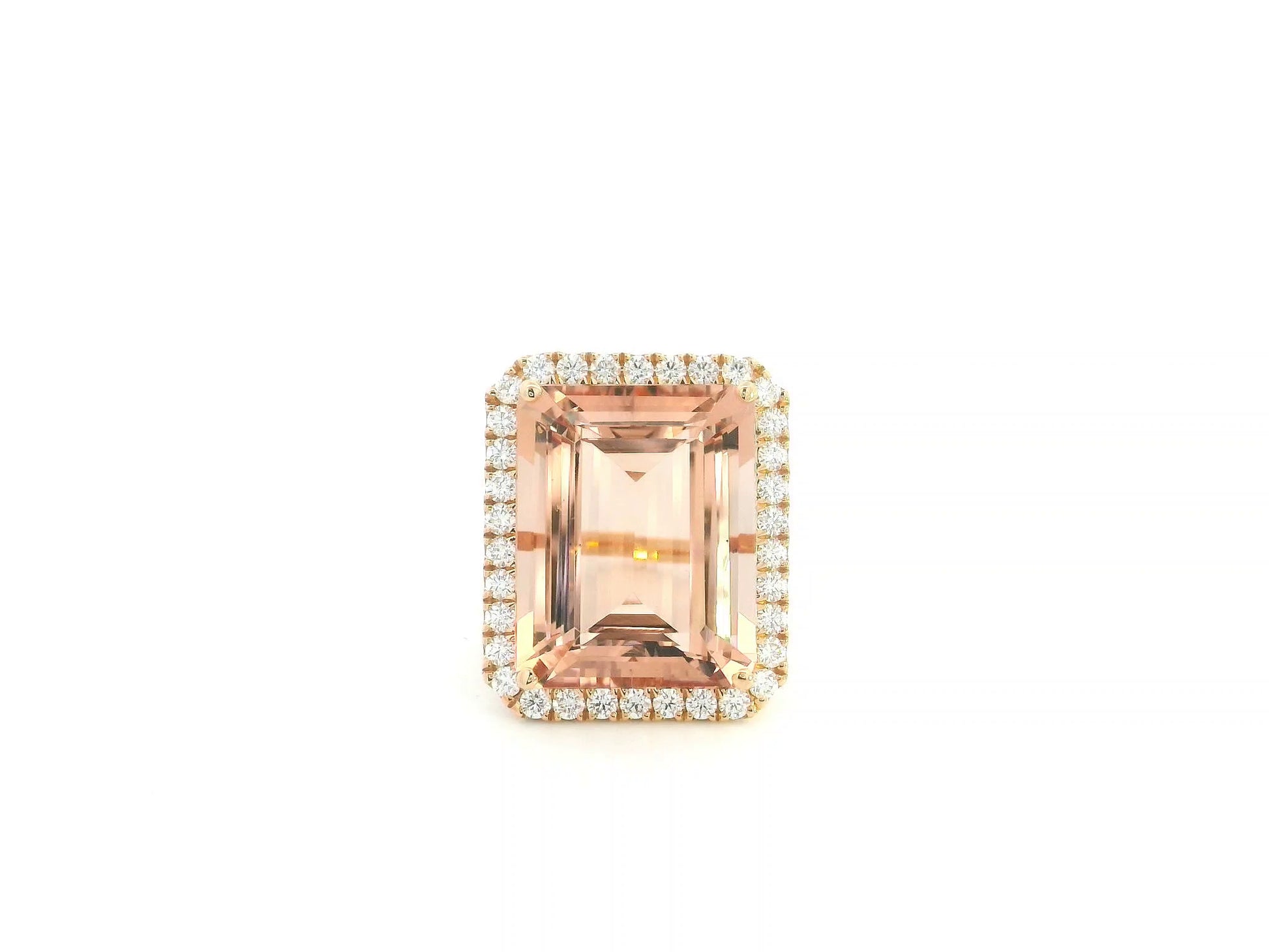 20.15 carat emerald cut Morganite and diamond halo ring in 18K rose gold by Emirates Diamonds