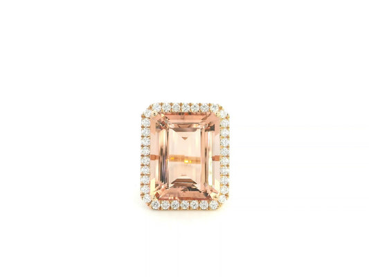 20.15 carat emerald cut Morganite and diamond halo ring in 18K rose gold by Emirates Diamonds