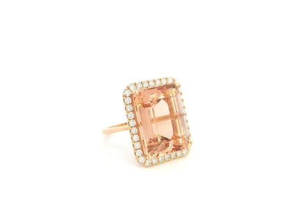 20.15 carat emerald cut Morganite and diamond halo ring in 18K rose gold by Emirates Diamonds