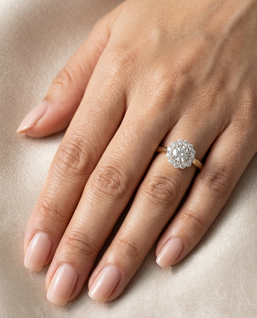 Natural diamond halo engagement ring in solid 18K yellow gold featuring a 0.70 carat IGI certified round brilliant centre diamond surrounded by 0.51 carat natural diamonds.