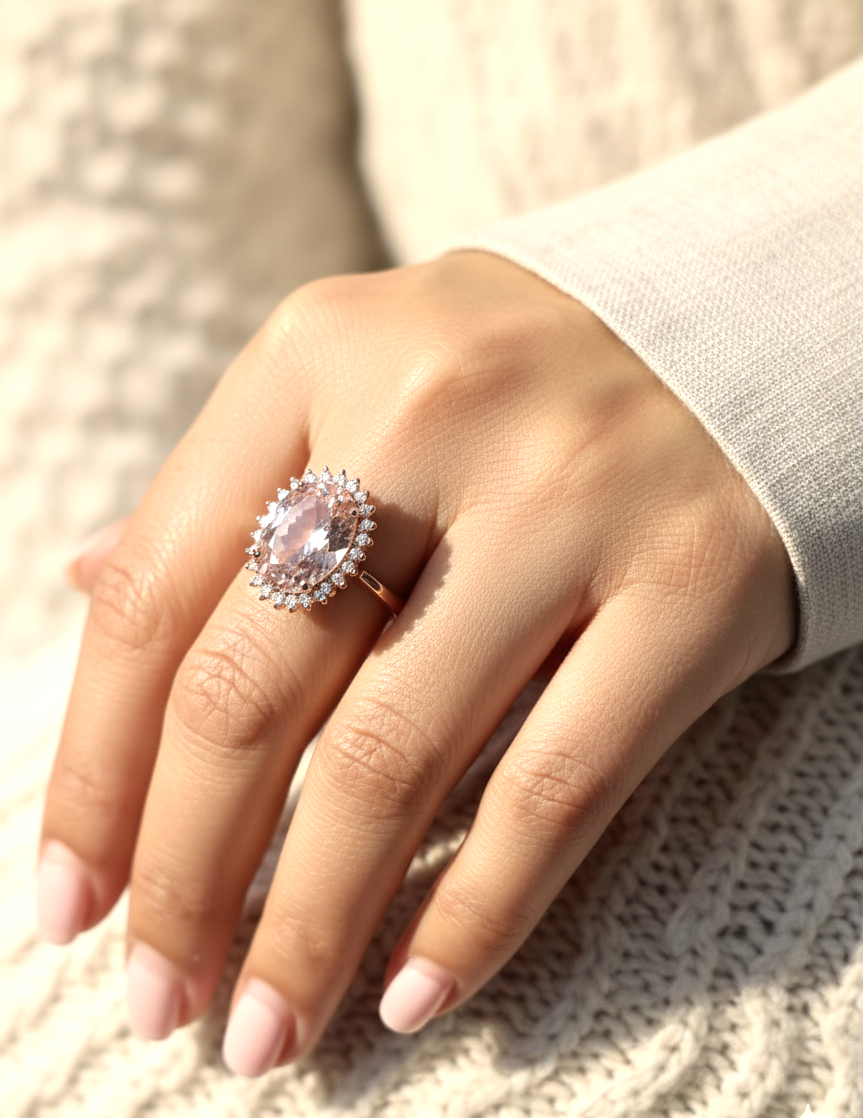 18K rose gold morganite and diamond halo ring featuring an oval morganite and sparkling diamond accents by Emirates Diamonds.