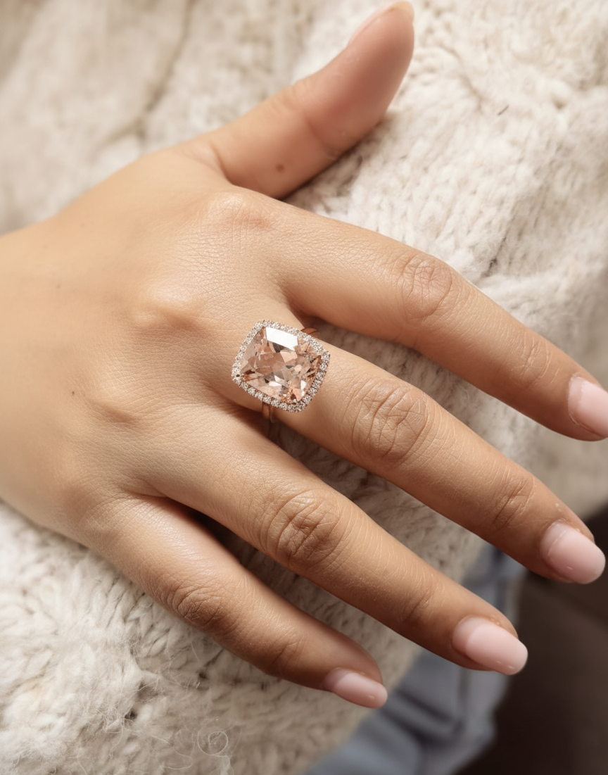 8.84 carat cushion morganite diamond halo ring in 18K rose gold by Emirates Diamonds Dubai