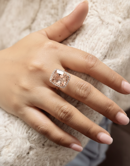 8.84 carat cushion morganite diamond halo ring in 18K rose gold by Emirates Diamonds Dubai