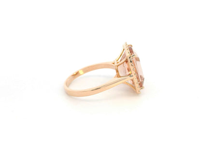 8.84 carat cushion morganite diamond halo ring in 18K rose gold by Emirates Diamonds Dubai