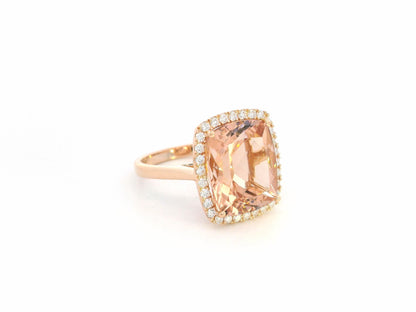 8.84 carat cushion morganite diamond halo ring in 18K rose gold by Emirates Diamonds Dubai