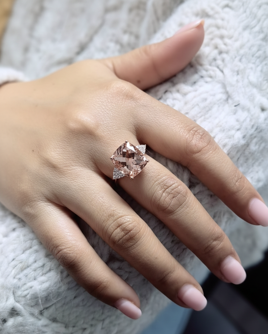 8.55 carat cushion morganite ring with diamond shoulder accents in 18K rose gold by Emirates Diamonds