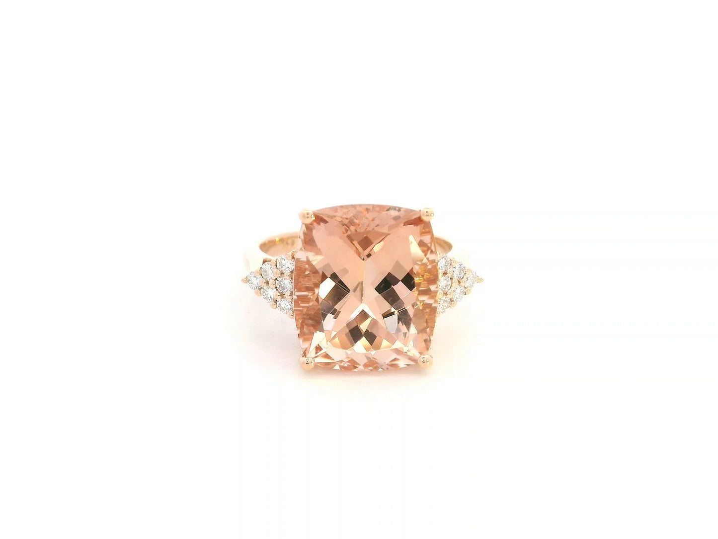 8.55 carat cushion morganite ring with diamond shoulder accents in 18K rose gold by Emirates Diamonds