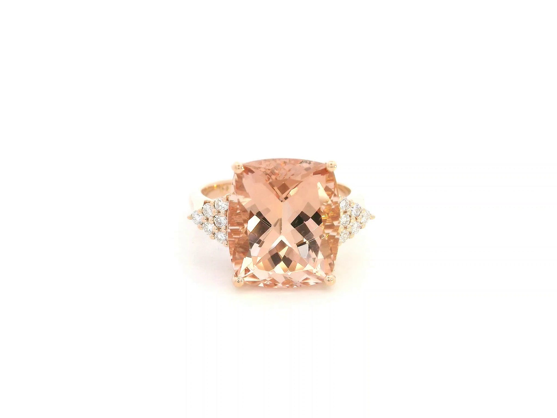 8.55 carat cushion morganite ring with diamond shoulder accents in 18K rose gold by Emirates Diamonds