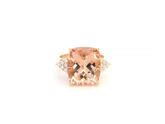 8.55 carat cushion morganite ring with diamond shoulder accents in 18K rose gold by Emirates Diamonds