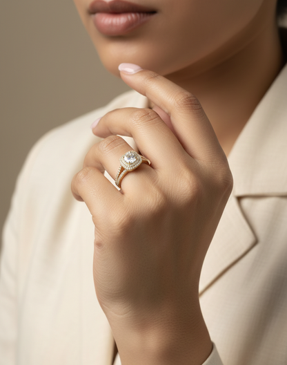 0.56 carat IGI certified diamond halo engagement ring in 18K yellow gold with split shank by Emirates Diamonds