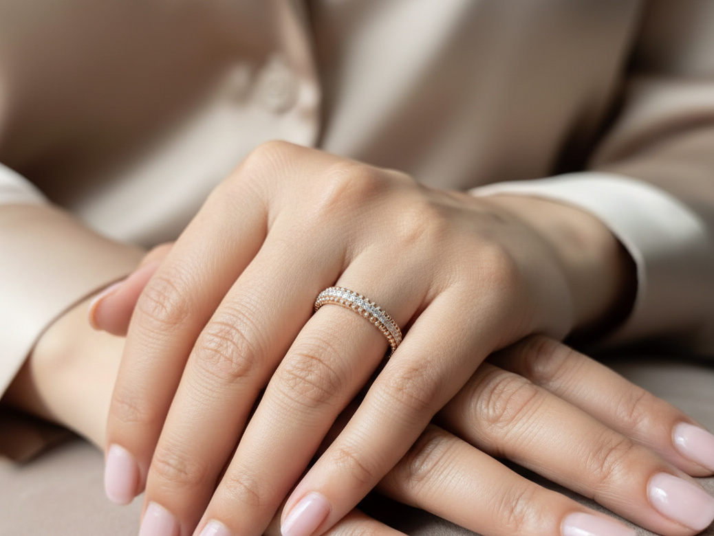 18K rose gold diamond eternity band ring with 0.35 carat round diamonds, minimal stacking wedding band by Emirates Diamonds.