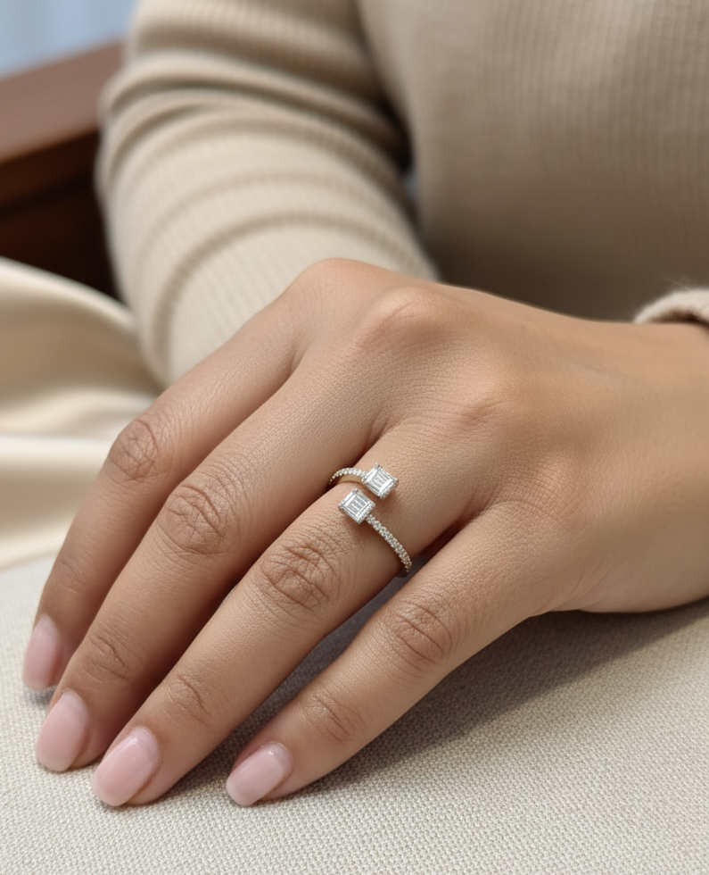 18K yellow gold open bypass ring with baguette and round diamond clusters, modern diamond ring by Emirates Diamonds
