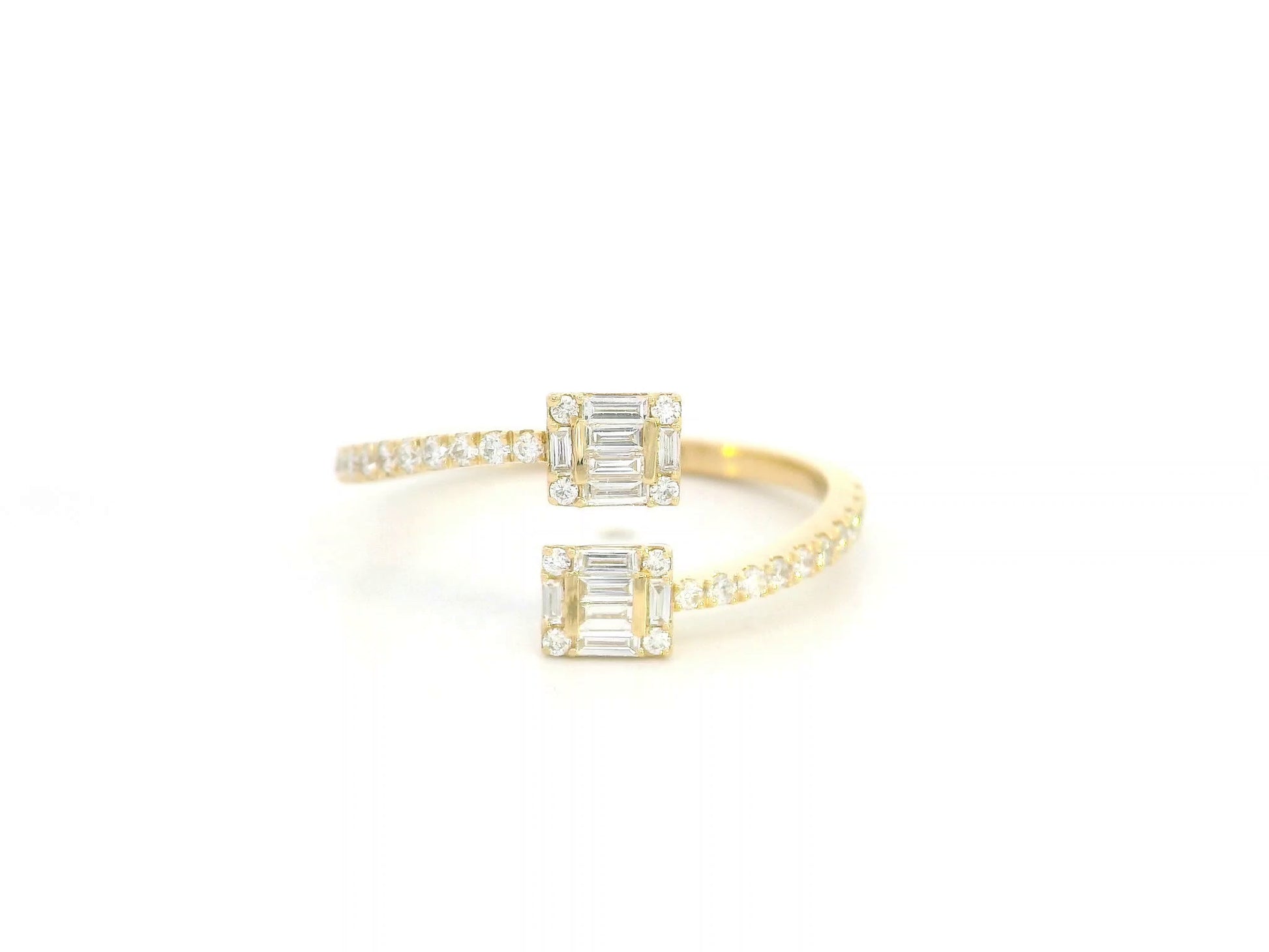 18K yellow gold open bypass ring with baguette and round diamond clusters, modern diamond ring by Emirates Diamonds