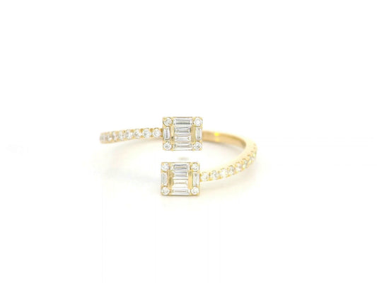 18K yellow gold open bypass ring with baguette and round diamond clusters, modern diamond ring by Emirates Diamonds