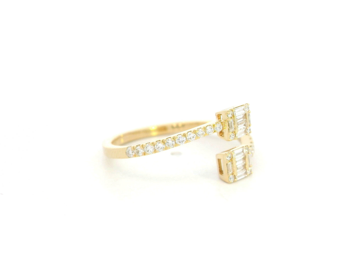 18K yellow gold open bypass ring with baguette and round diamond clusters, modern diamond ring by Emirates Diamonds