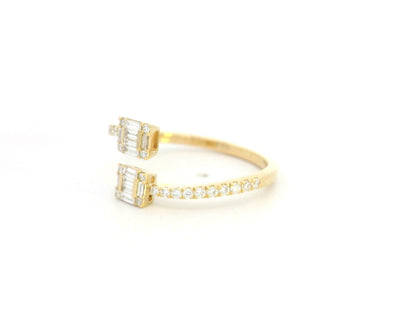 18K yellow gold open bypass ring with baguette and round diamond clusters, modern diamond ring by Emirates Diamonds