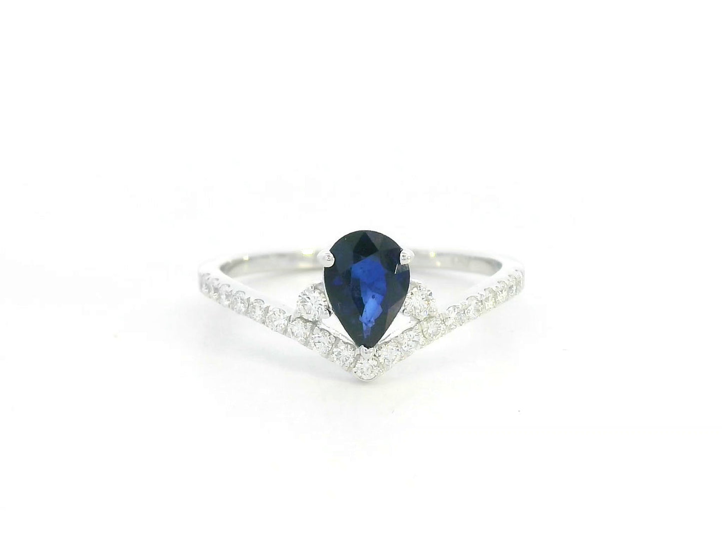 Pear blue sapphire diamond V shape ring in 18K white gold wishbone design Emirates Diamonds