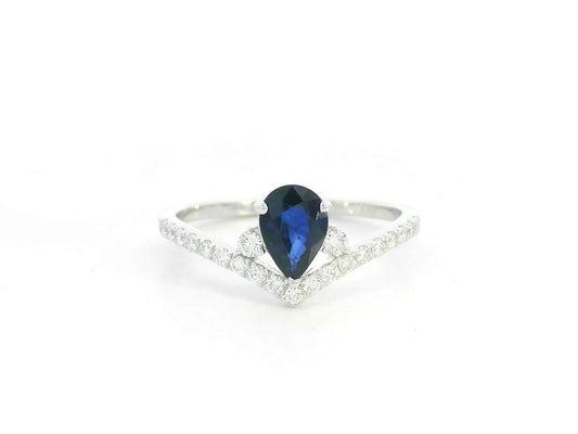 Pear blue sapphire diamond V shape ring in 18K white gold wishbone design Emirates Diamonds