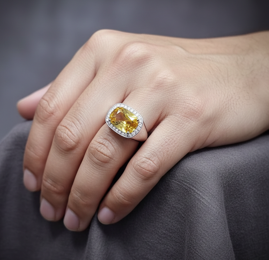 7.50 carat yellow sapphire men’s ring with diamond halo in 18K white gold by Emirates Diamonds Dubai